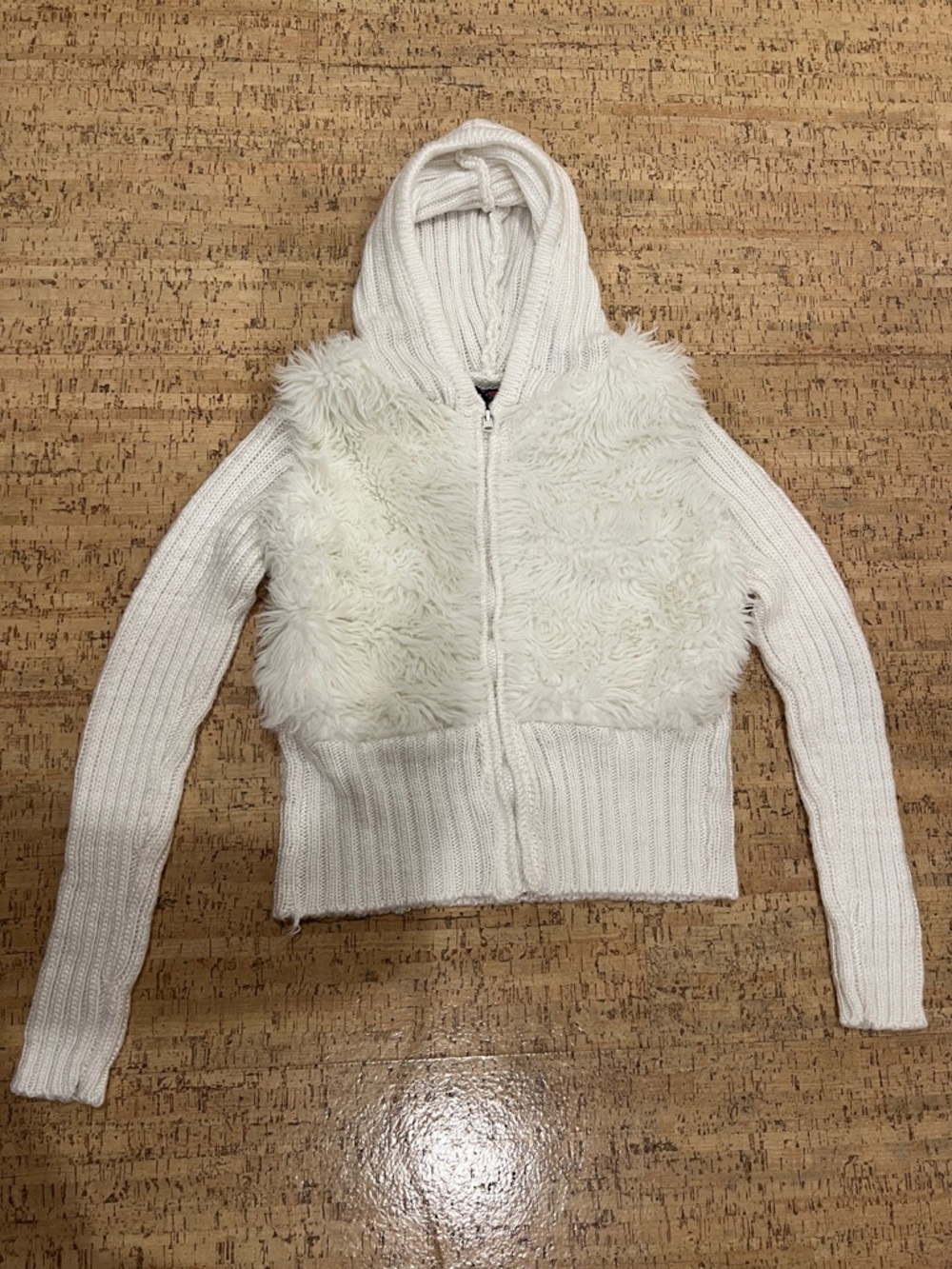 Y2K Say What? USA white sweater with white fur lining in the front
